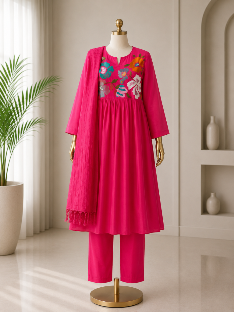 Mul Chanderi Embroidery Suit