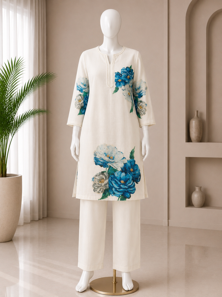 Jute Cotton Embroidery Kurta Pant