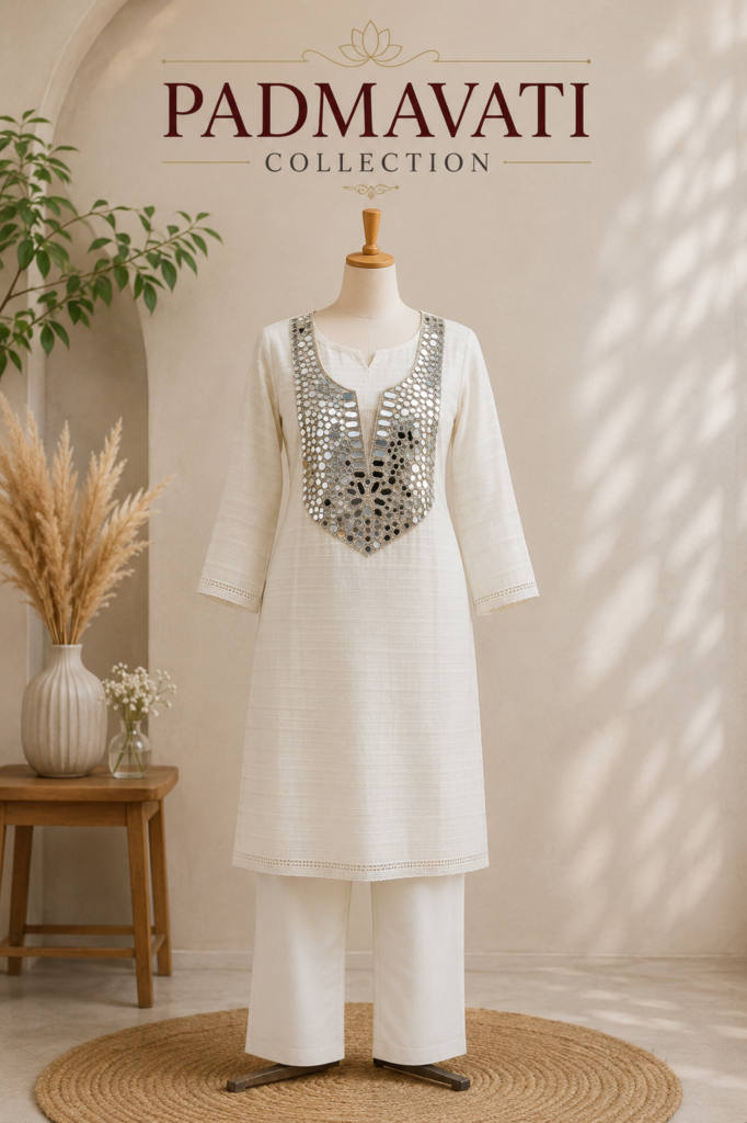 Linen Cord Set Mirror Work